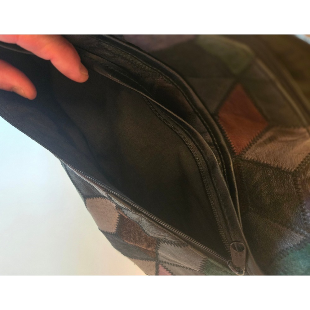 Vintage Patchwork Leather Shoulder Bag Black Multicolor Geometric Purse - Picture 7 of 8